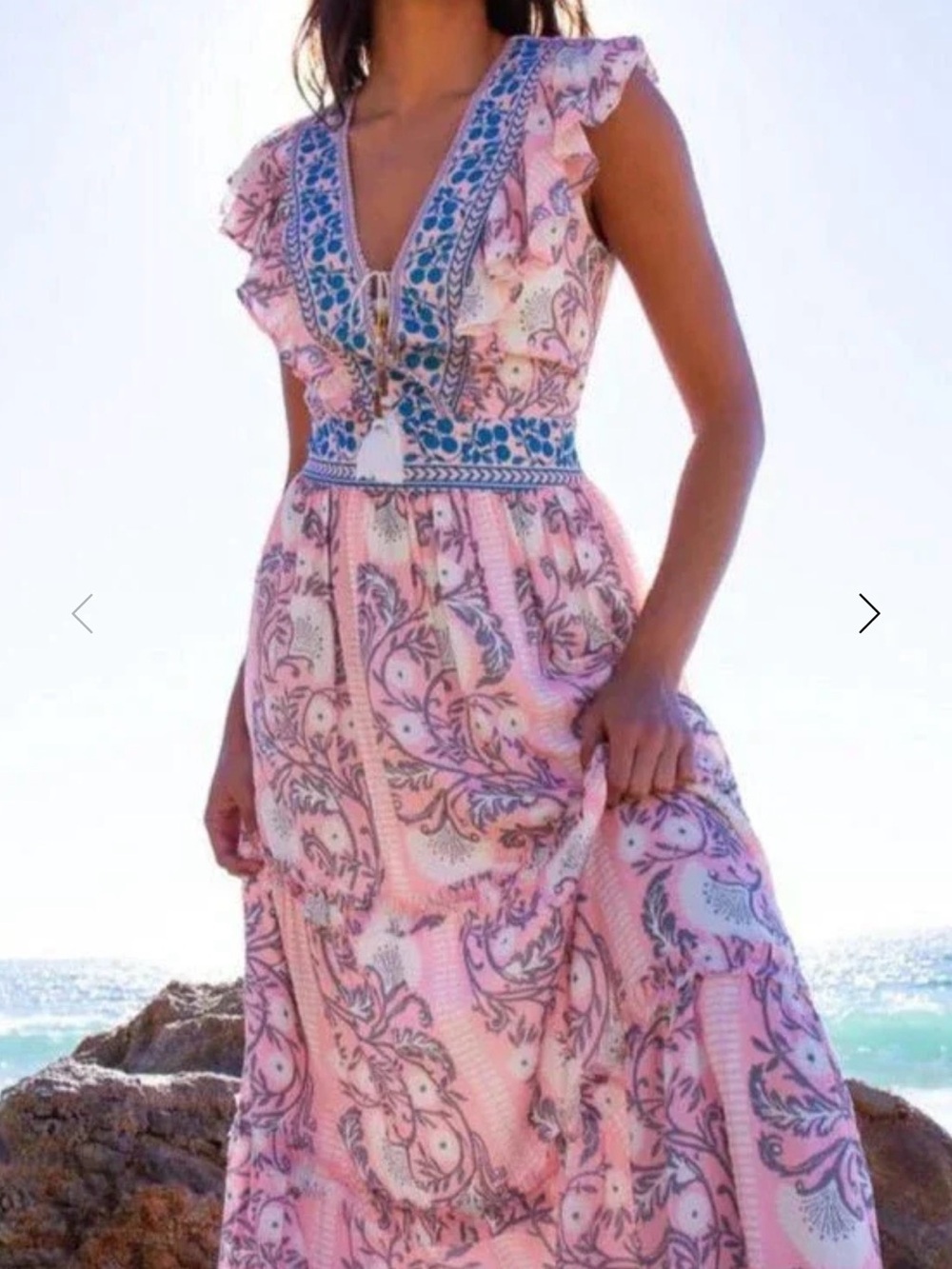 Bohemian Pink Floral Maxi Dress with Blue Embroidered Trim
